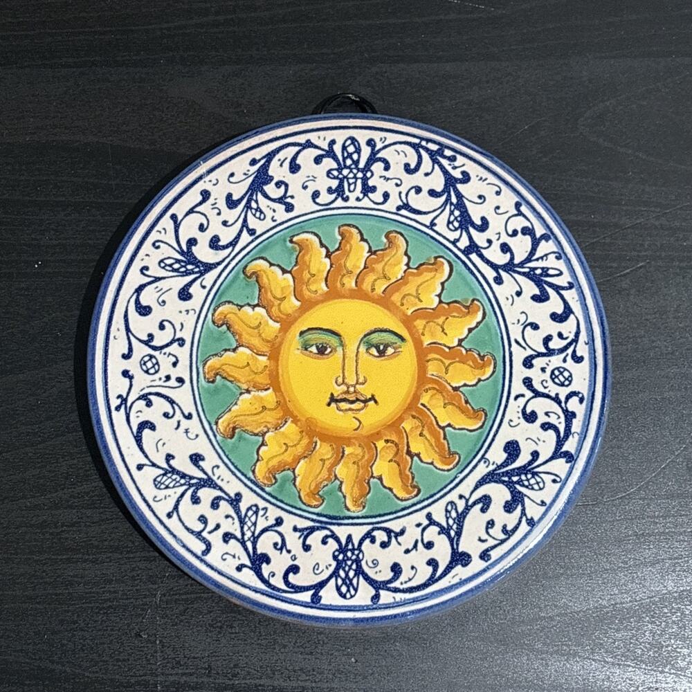 Vintage Sicilian Ceramic Terracotta Clay Sun Face Tile Wall Plaque Italy 6”
